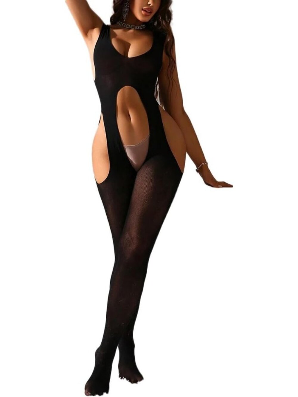 Women's Body Stocking Black Nylon Scoop Neck Classic Bodysuit Stockings Lingerie